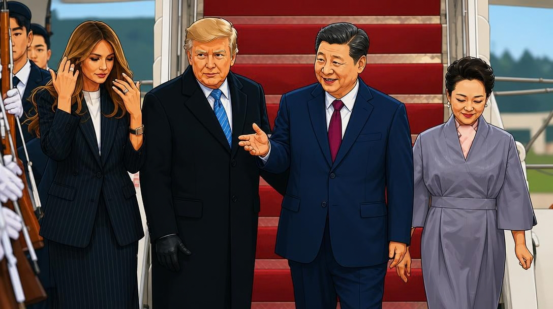 Illustration of Donald Trump and Xi Jinping with Melania Trump and Peng Liyuan.