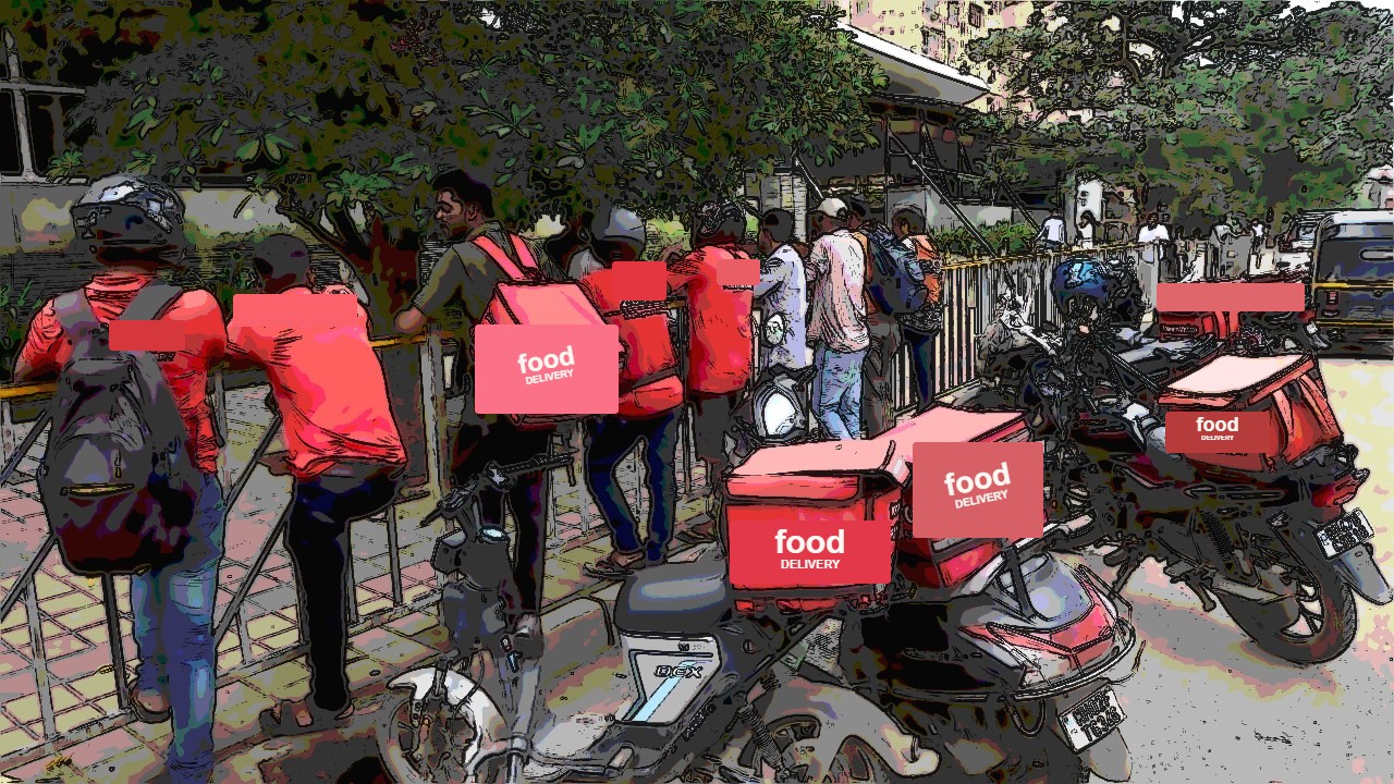 Food delivery workers waiting by their bikes. Illustration based on a photograph.